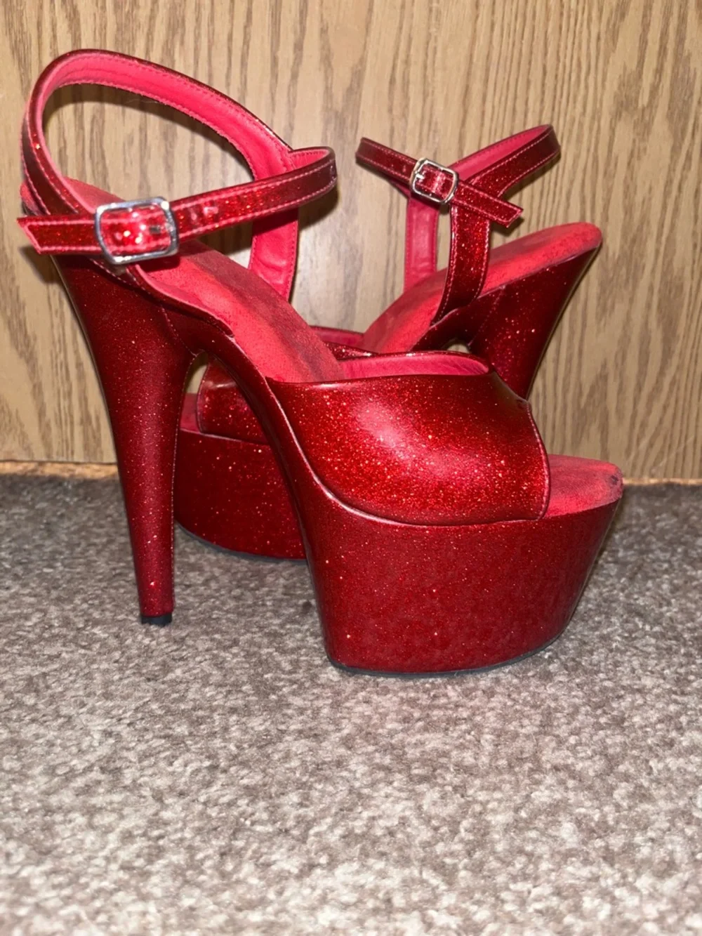 Adore-709GP Red Glitter 7in Sandals Pole Dance Stripper Heels Glitterati Sparkle - Picture 4 of 11